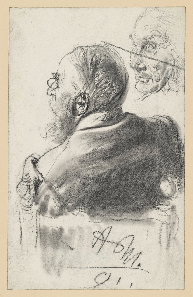 Parrakas, nenälaseja käyttävä mies nojatuolissa, näkymä selkäpuolelta, vanhan miehen kasvot tekijältä Adolph Menzel