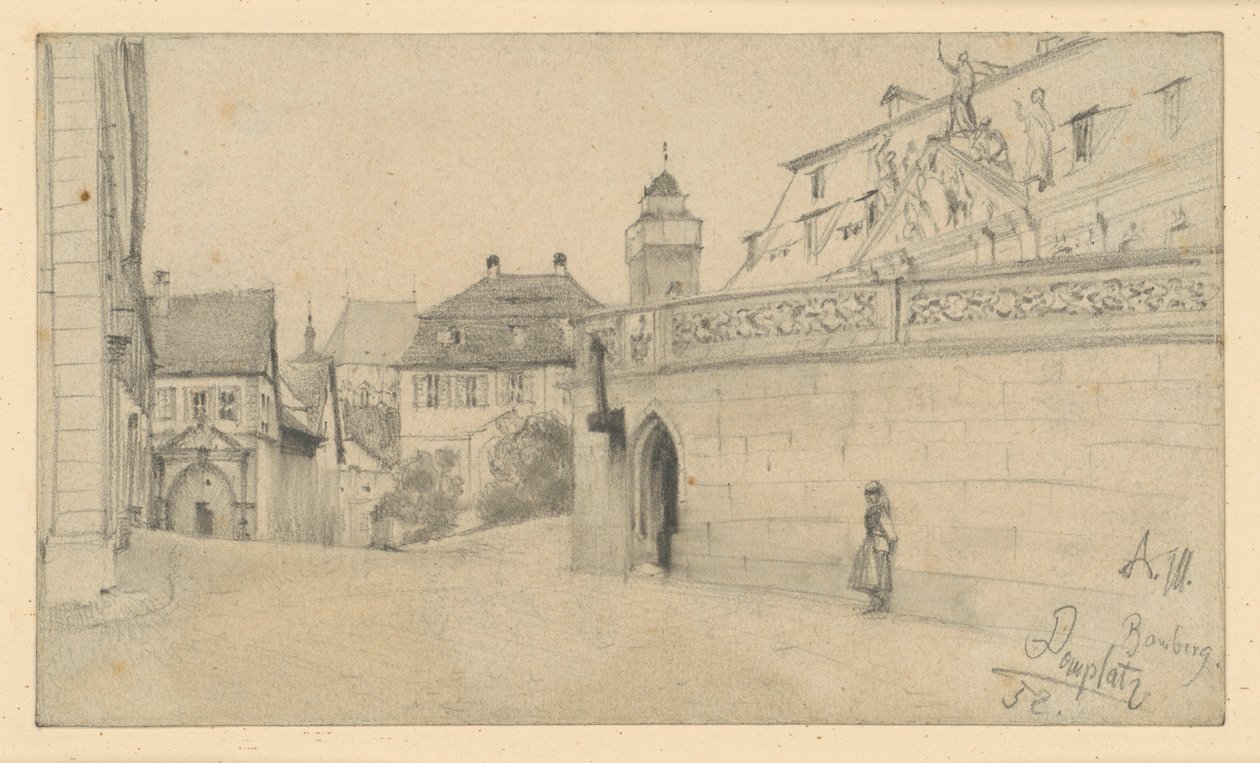 Bamberg. Domplatz, Domplatz 1:n ja Domkranzin välissä etelään päin tekijältä Adolph Menzel