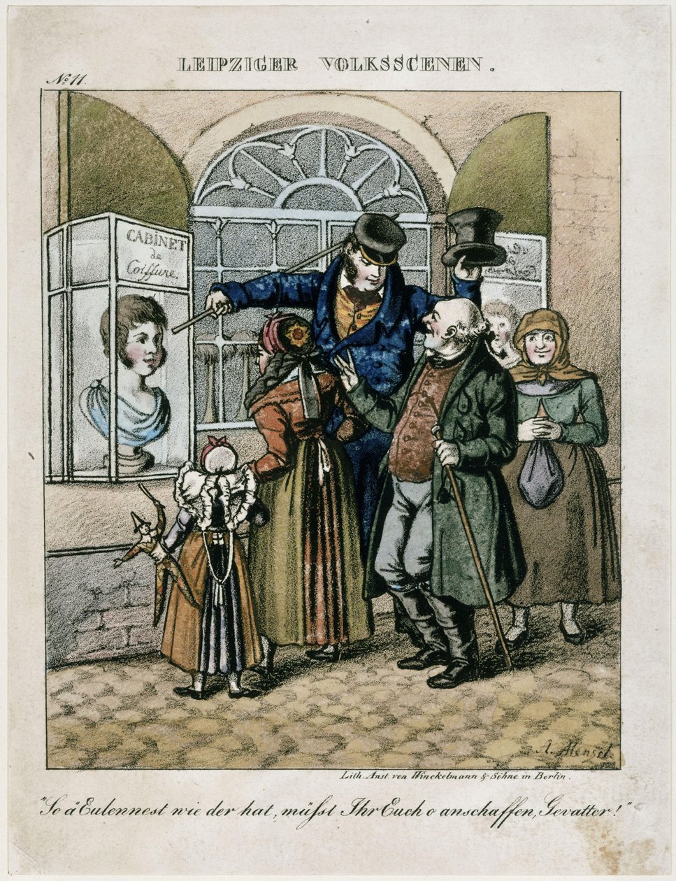 Talonpoikia parturin vahakuvan edessä. Teoksesta: Leipzigin kansankuvauksia tekijältä Adolph Menzel