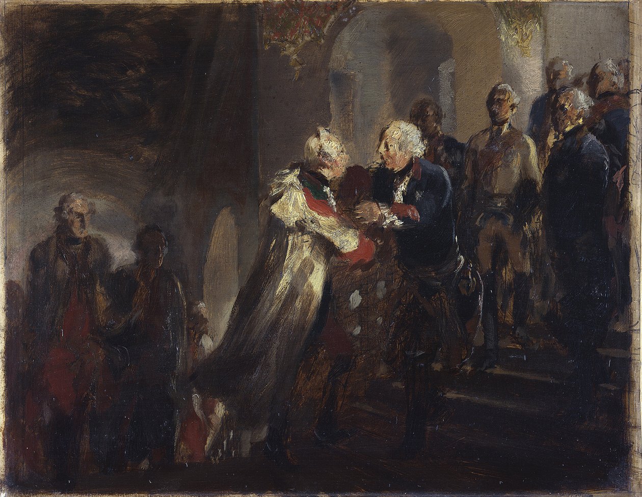 Fredrik II:n ja keisari Joosef II:n kohtaaminen Neissessä vuonna 1769. Luonnos tekijältä Adolph Menzel