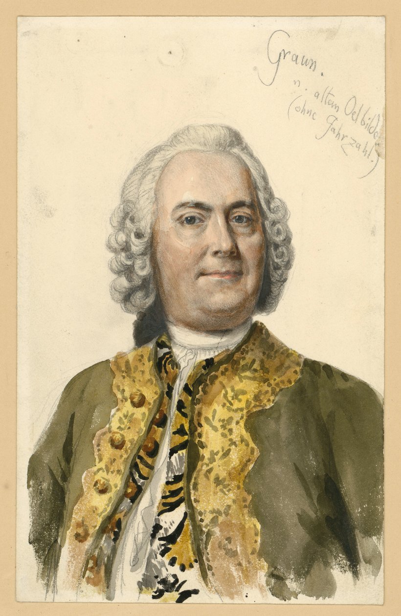 Carl Heinrich Graunin muotokuva, Fredrik II:n hovisäveltäjä; Andreas Möllerin maalauksen pohjalta tehty rintakuva edestäpäin, mukana muistiinpanoja tekijältä Adolph Menzel