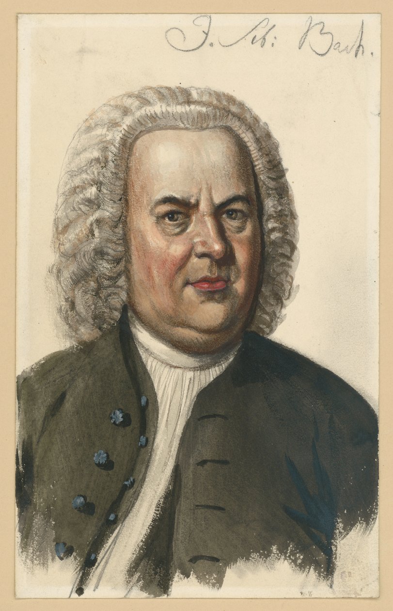 Johann Sebastian Bachin muotokuva, rintakuva suoraan edestä Elias Gottlob Haussmannin maalauksen mukaan tekijältä Adolph Menzel