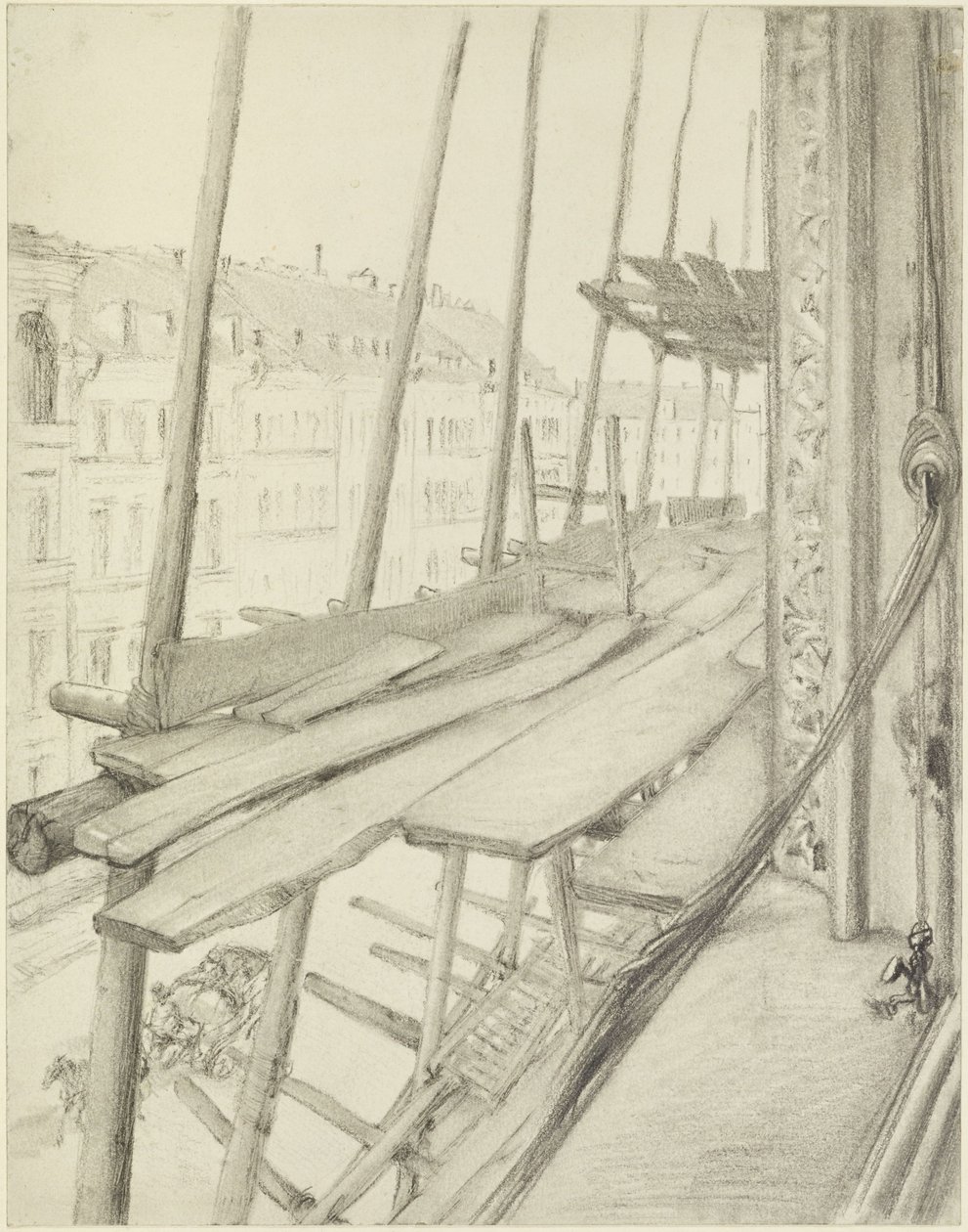 Näkymä ikkunasta rakennustelineille ja kadulle tekijältä Adolph Menzel