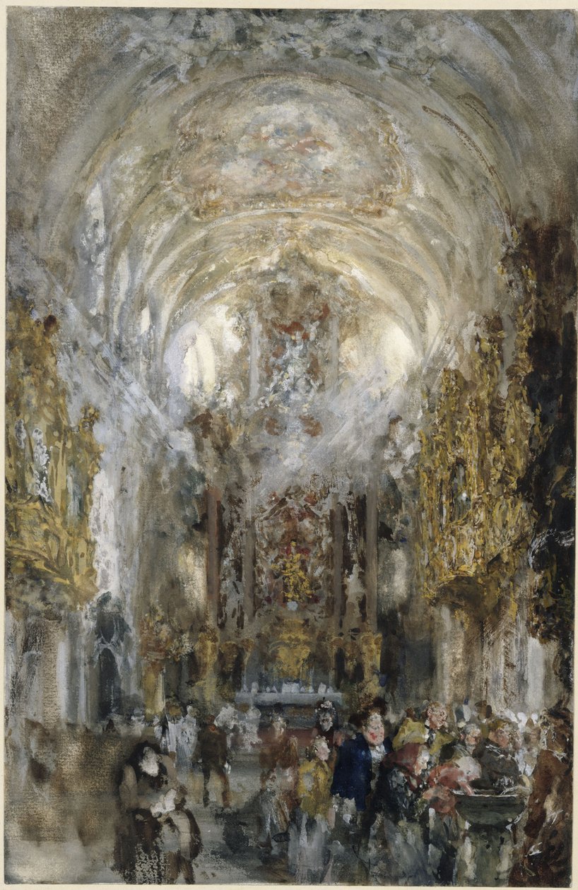 Näkymä Regensburgin Unserer Lieben Frau zur Alten Kapelle -kollegiaattikirkkoon, edessä oikealla ihmisiä vihkivesialtaan luona tekijältä Adolph Menzel