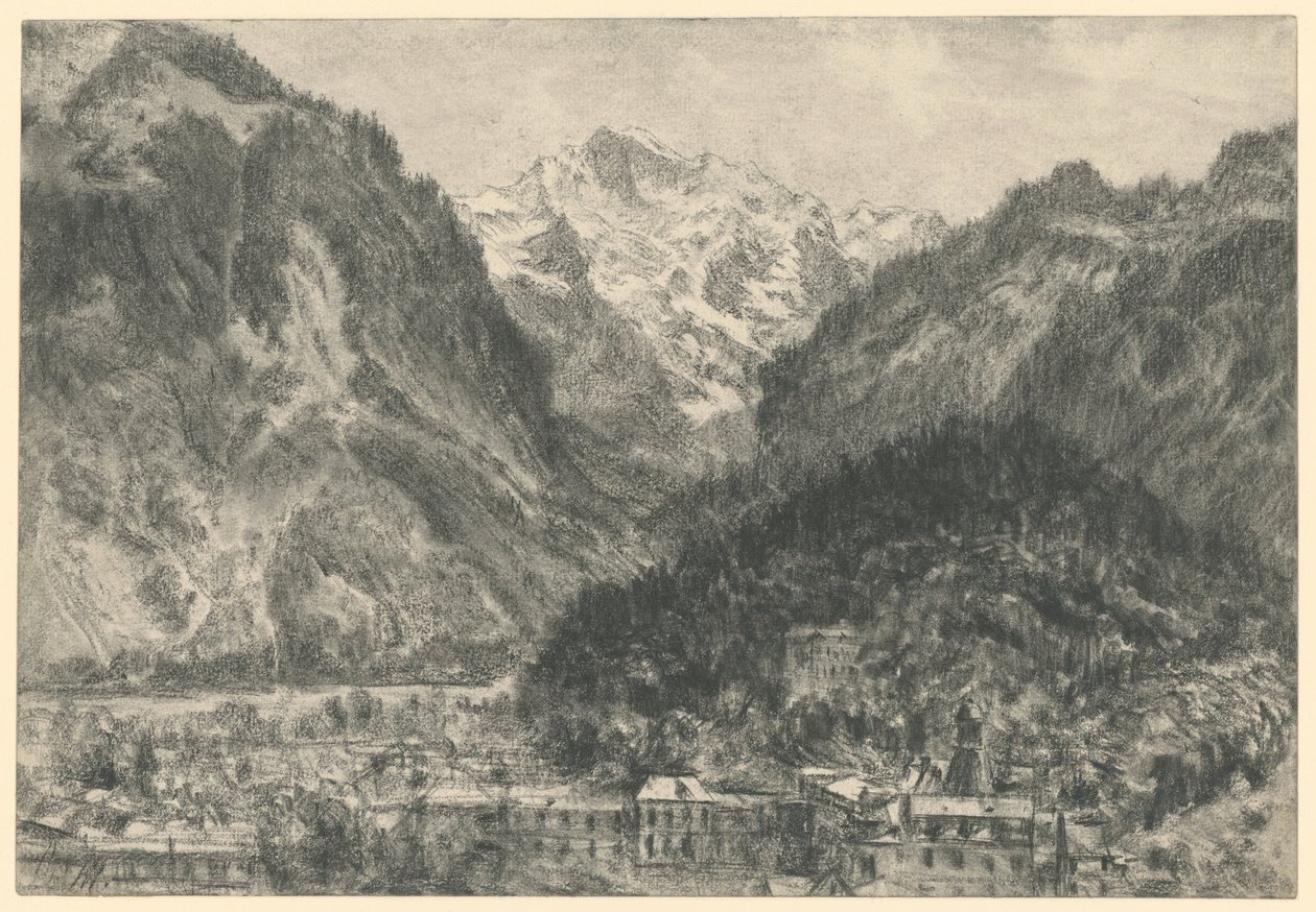 Näkymä Interlakenin yli Jungfraun vuoristoon tekijältä Adolph Menzel
