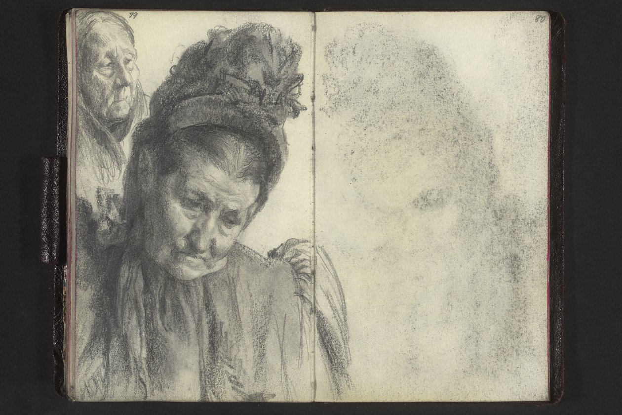 Hattupäisen vanhan naisen rintakuva, naisen pää ja hartiahuivi tekijältä Adolph Menzel