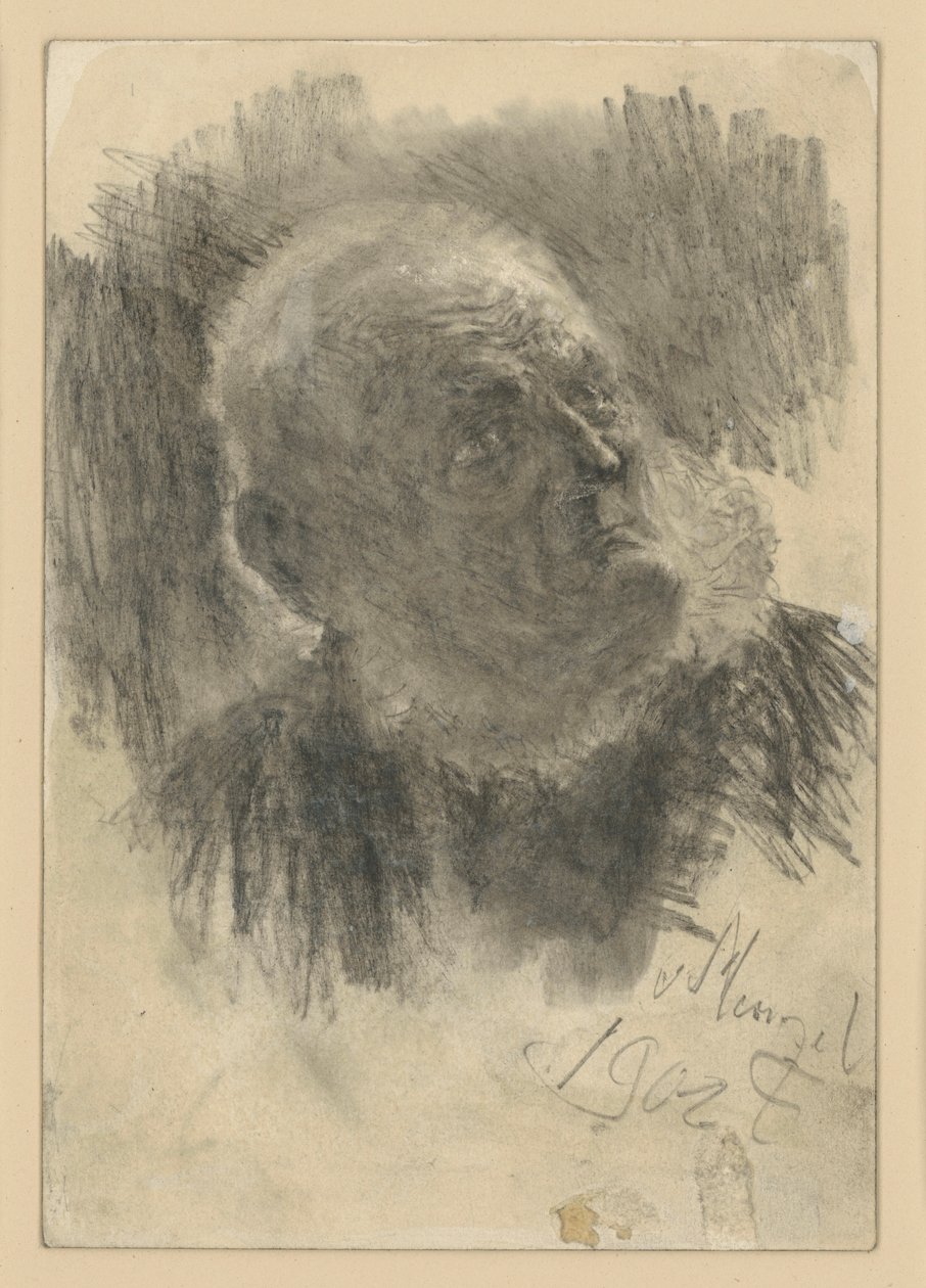 Rintakuva vanhasta miehestä, jolla on muurarin päähine ja joka katsoo ylös oikealle tekijältä Adolph Menzel