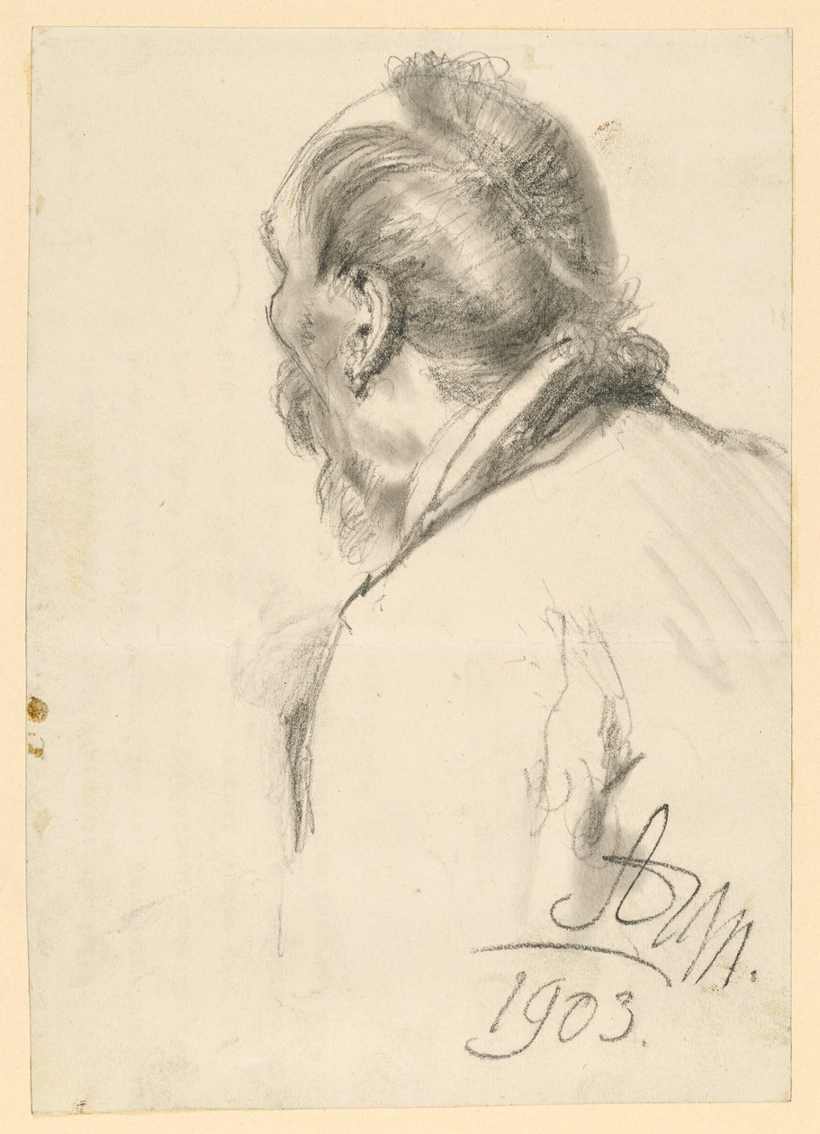 Parrakkaan miehen rintakuva vasemmalle, puolittain selkäpuolelta nähtynä tekijältä Adolph Menzel