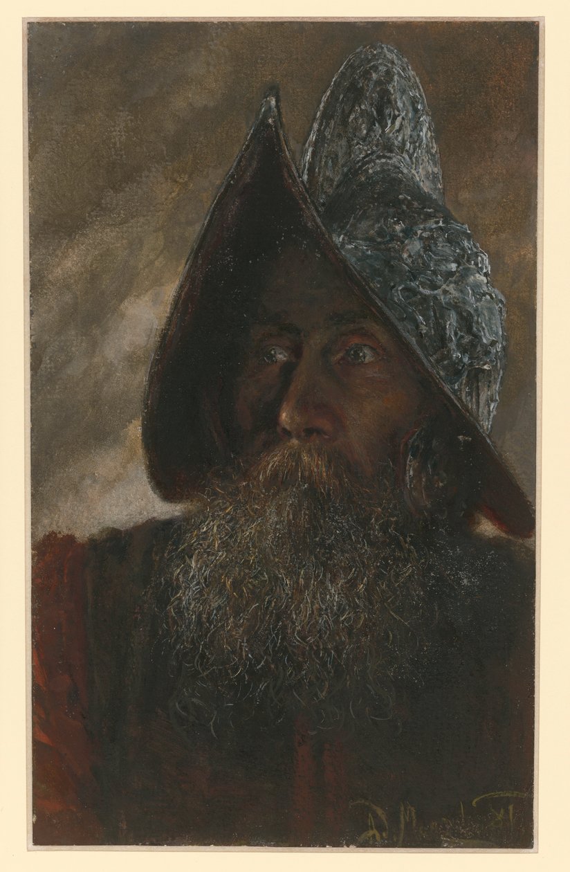 Parrakkaan, kypäräpäisen sotilaan rintakuva hieman vasemmalle kääntyneenä tekijältä Adolph Menzel
