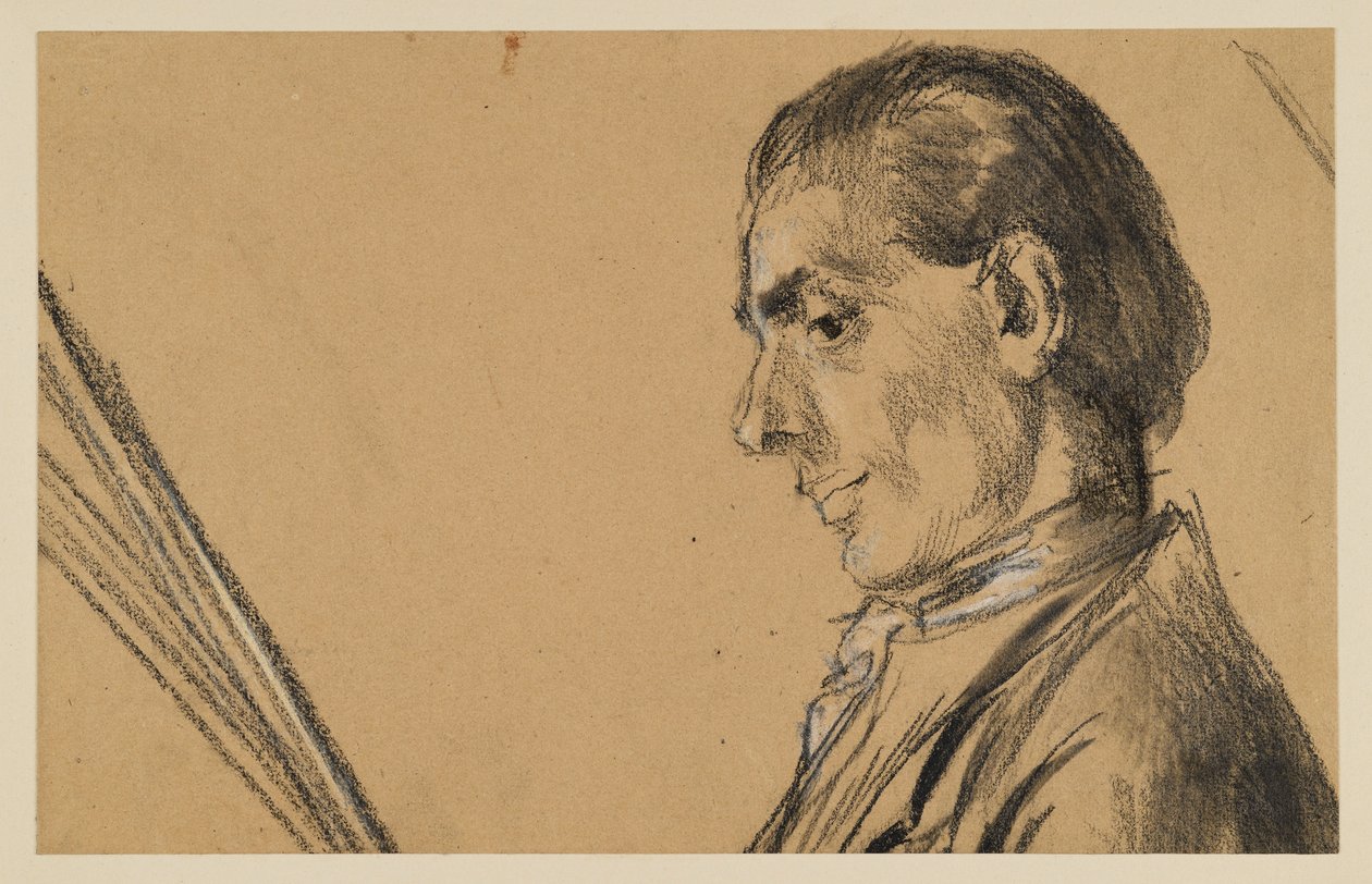 Nuoren miehen rintakuva, katse alaspäin. Profiili vasemmalle. Luonnos maalaukseen ”Friedrich Suuren huilukonsertti Sanssoucissa” tekijältä Adolph Menzel