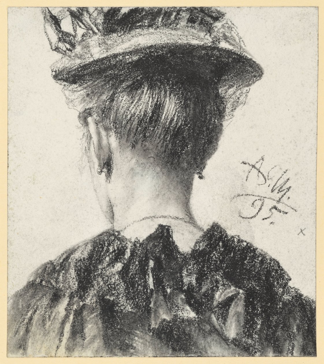 Hattupäisen naisen rintakuva takaa tekijältä Adolph Menzel