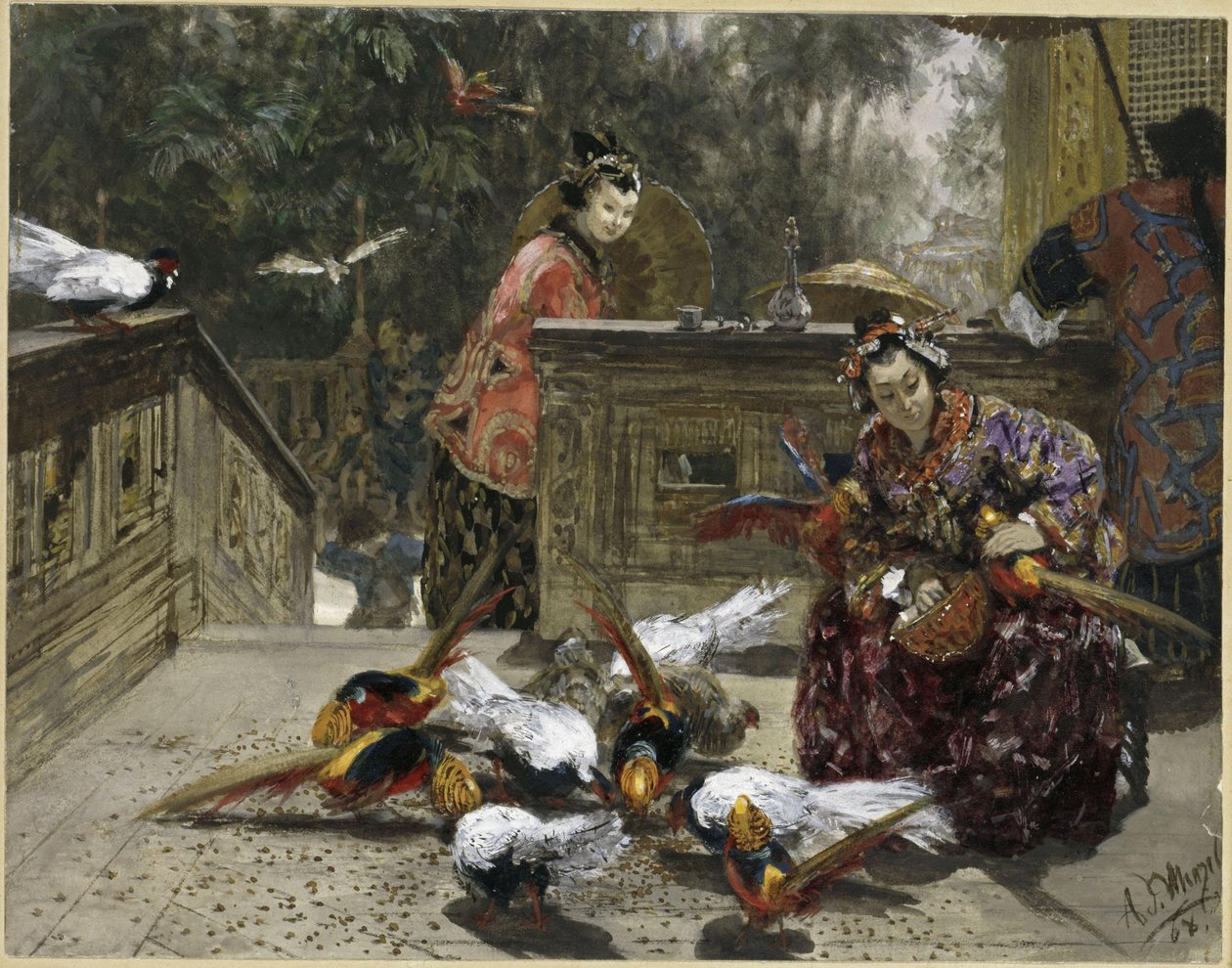 Kiinalaisia naisia ja fasaaneja. Teoksesta "Lastenalbumi" tekijältä Adolph Menzel