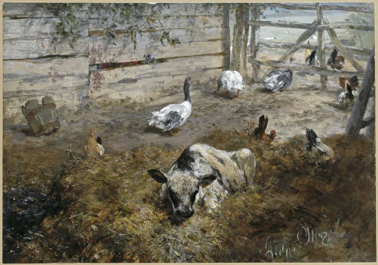 Vasikka kanojen ja hanhien seurassa. Teoksesta ”Kinderalbum” tekijältä Adolph Menzel