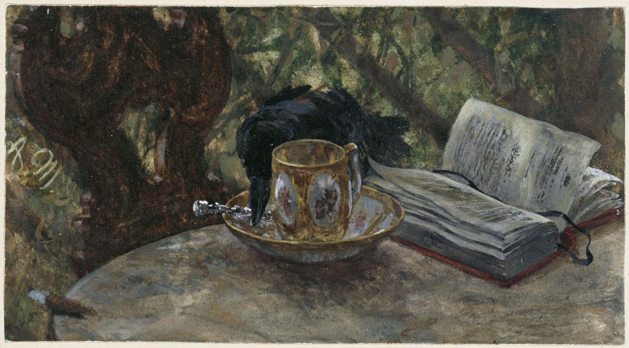 Korppi varastamassa hopealusikkaa. Teoksesta "Lastenalbumi" tekijältä Adolph Menzel