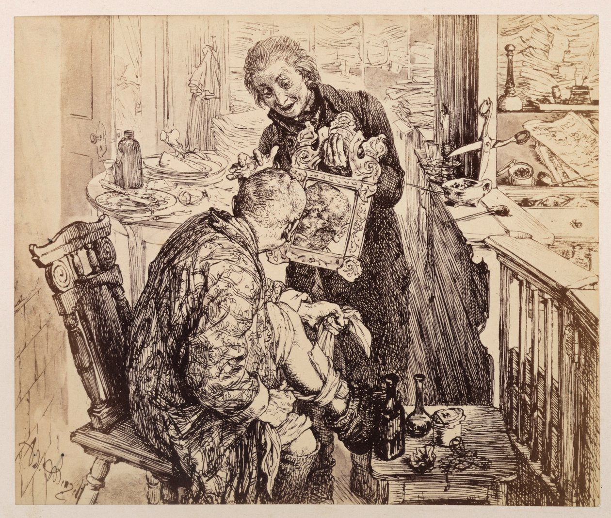 Kirjuri Licht löytää kylätuomari Adamin sitomassa jalkaansa. Adam tarkastelee peilistä, jonka Licht pitää hänelle esillä, omaa ruhjottua kasvojaan; Heinrich von Kleistin teoksen ”Rikkoutunut kannu” mukaan tekijältä Adolph Menzel