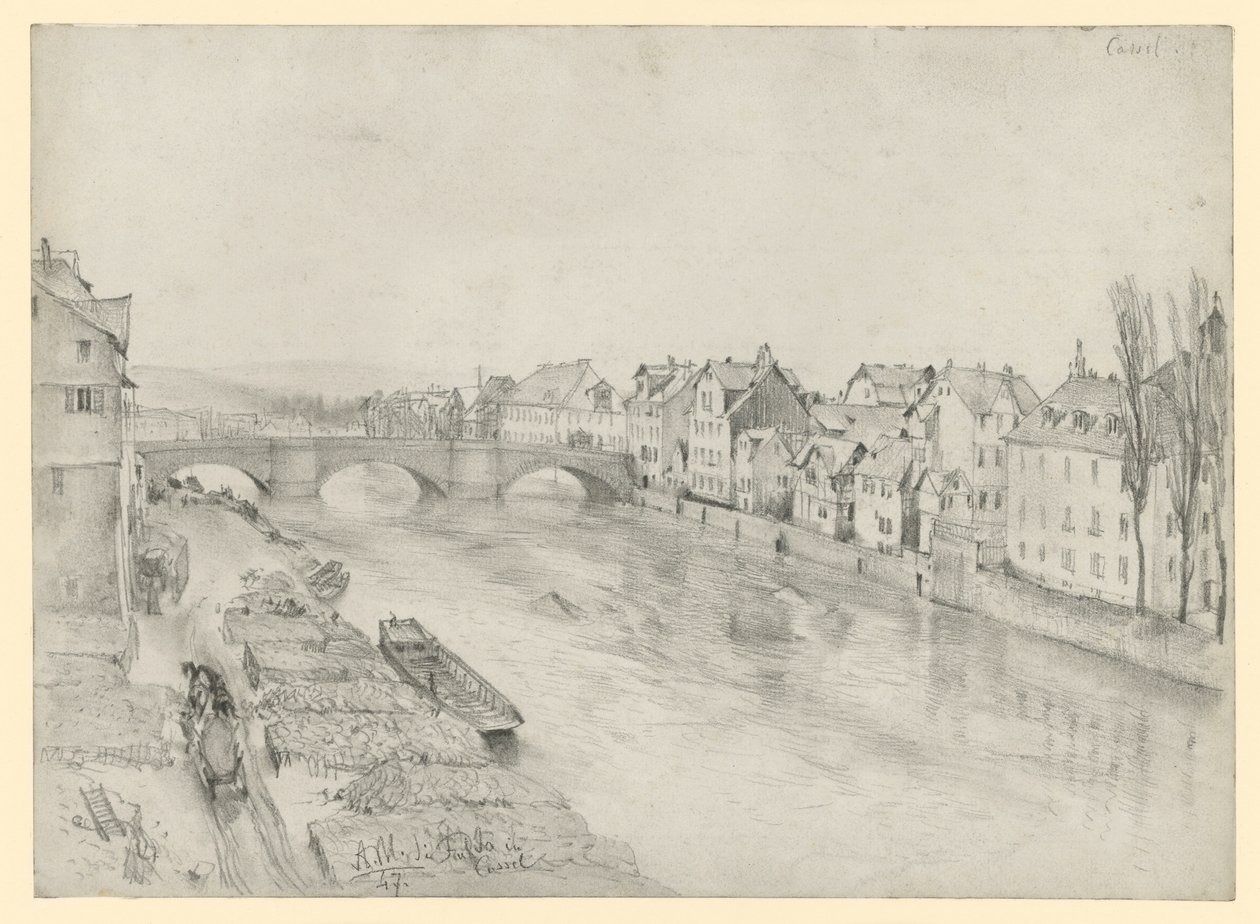 Fulda-joki Kasselissa. Jokimaisema, jossa näkyy silta ja taloja tekijältä Adolph Menzel