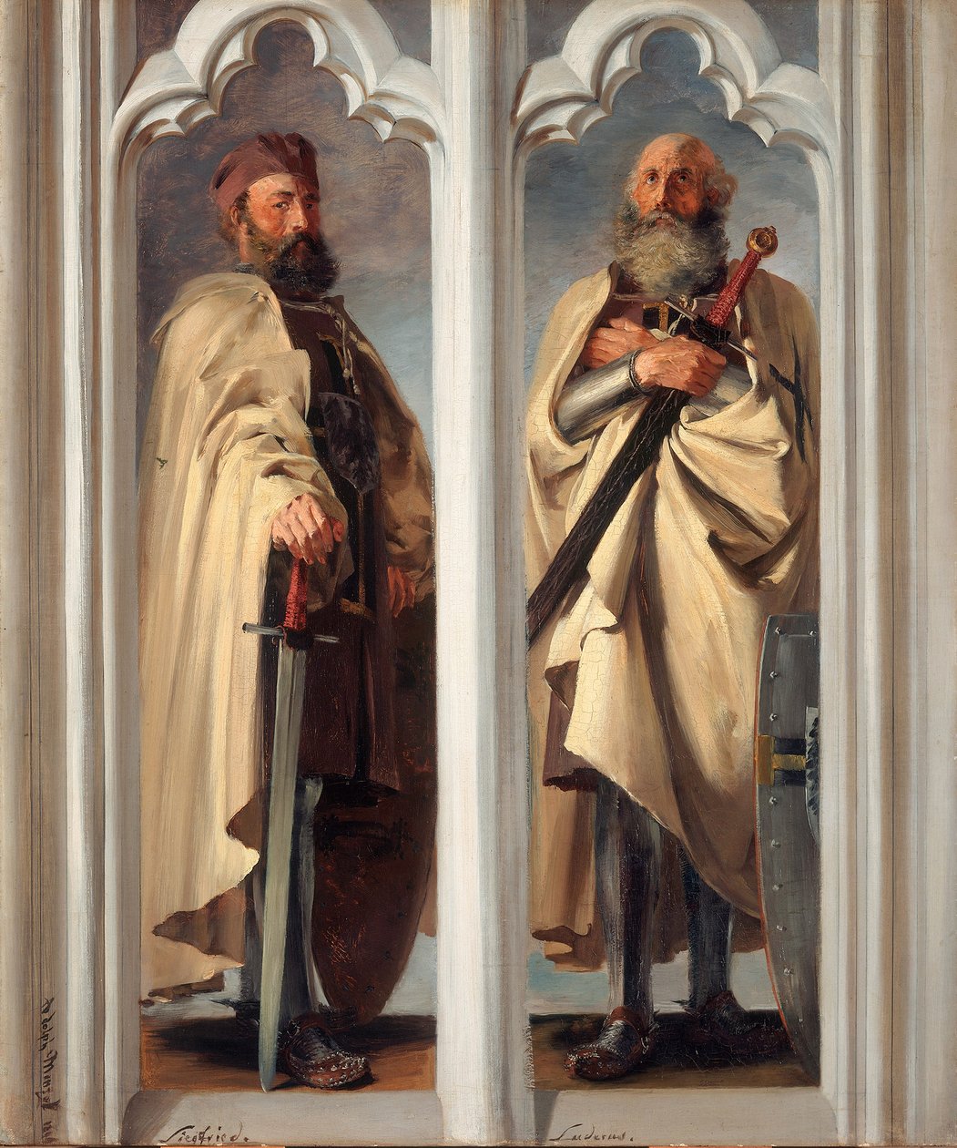 Suurmestarit Siegfried von Feuchtwangen ja Ludger von Braunschweig. Luonnos Marienburgin maalauksiin tekijältä Adolph Menzel