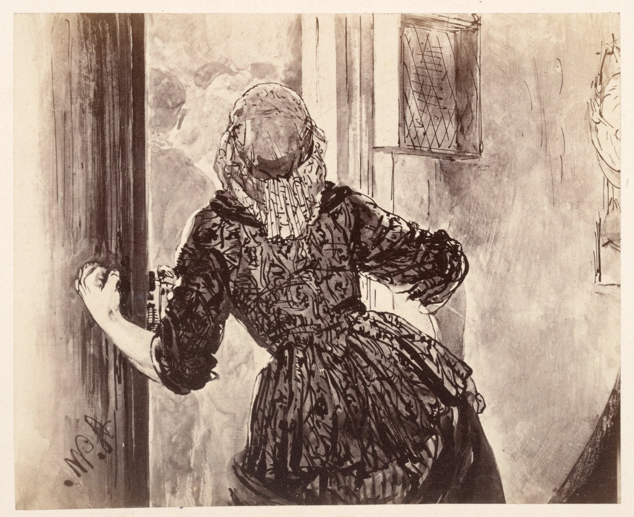 Palvelustyttö saapuu Adamin soittaessa kelloa; takaa katsottuna, ovi, oikea käsi ovenkahvassa, Heinrich von Kleistin teoksen ”Rikkoutunut kannu” mukaan tekijältä Adolph Menzel