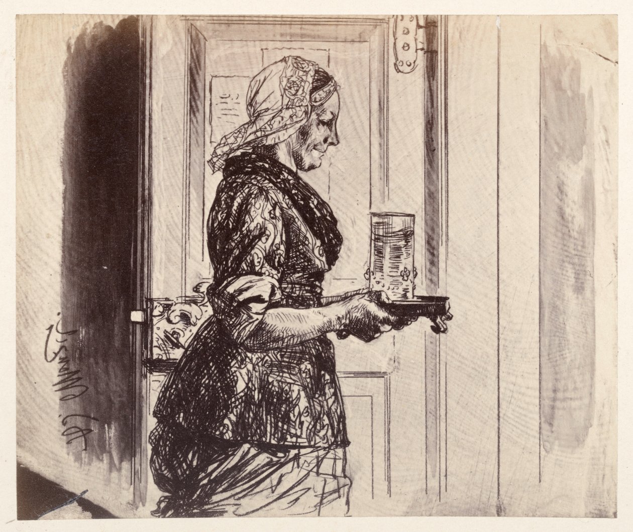 Palvelustyttö astuu oikeussaliin kantaen lasillista vettä, jonka Adam oli tilannut, Heinrich von Kleistin teoksesta ”Rikkoutunut kannu” tekijältä Adolph Menzel