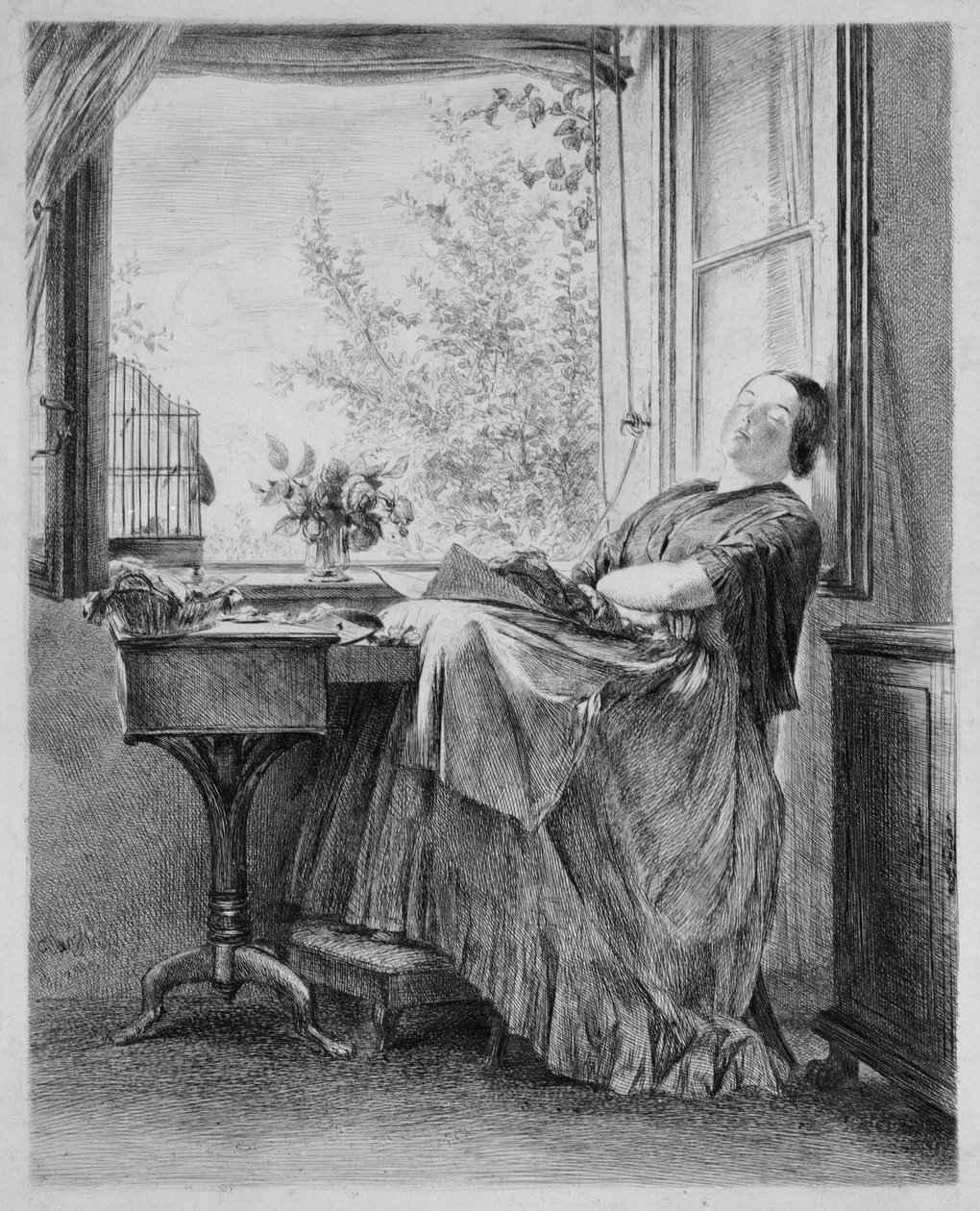 Ikkunan ääressä nukkuva ompelija (Menzelin sisar Emilie) tekijältä Adolph Menzel