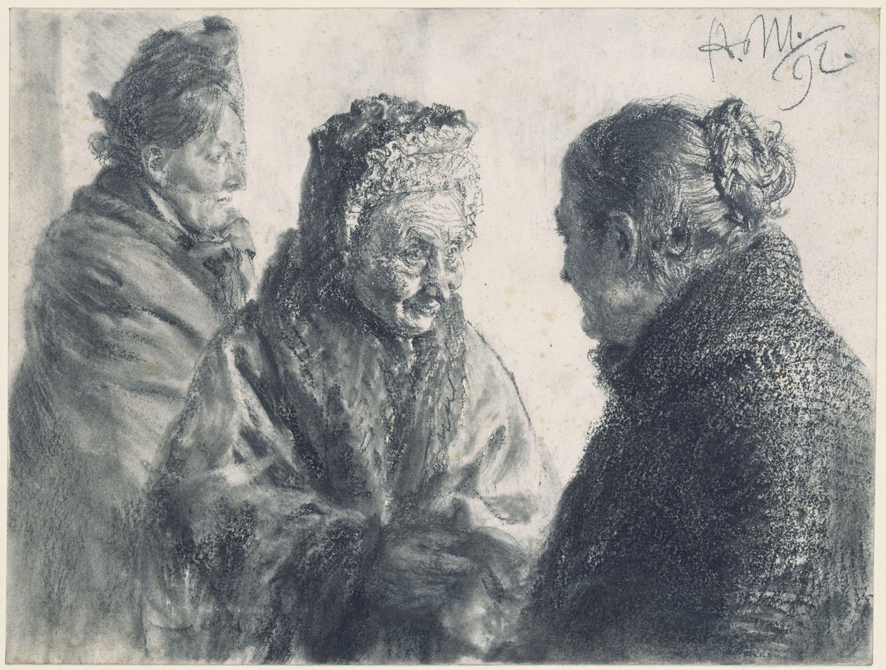 Kolme naista, huiveihin käärittyinä tekijältä Adolph Menzel