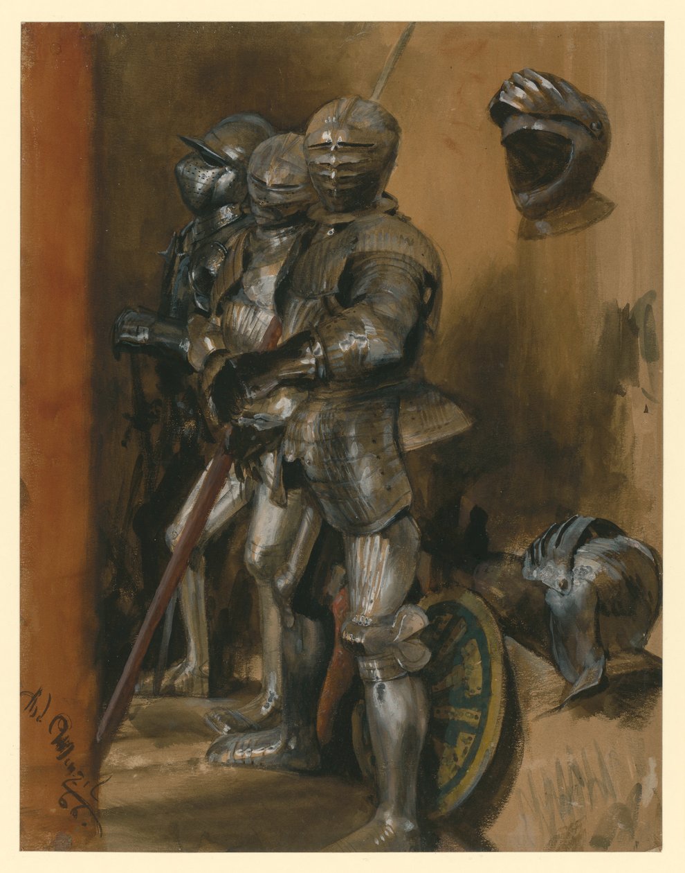 Kolme haarniskaa ja kaksi kypärää tekijältä Adolph Menzel