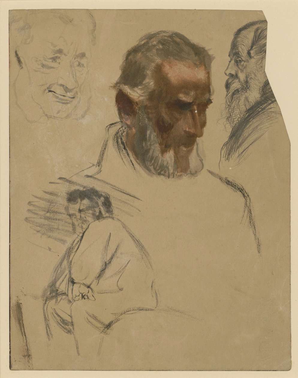 Kolme parrakkaan pään tutkielmaa ja vasemmalle suuntautuvan istuvan miehen polvikuva tekijältä Adolph Menzel