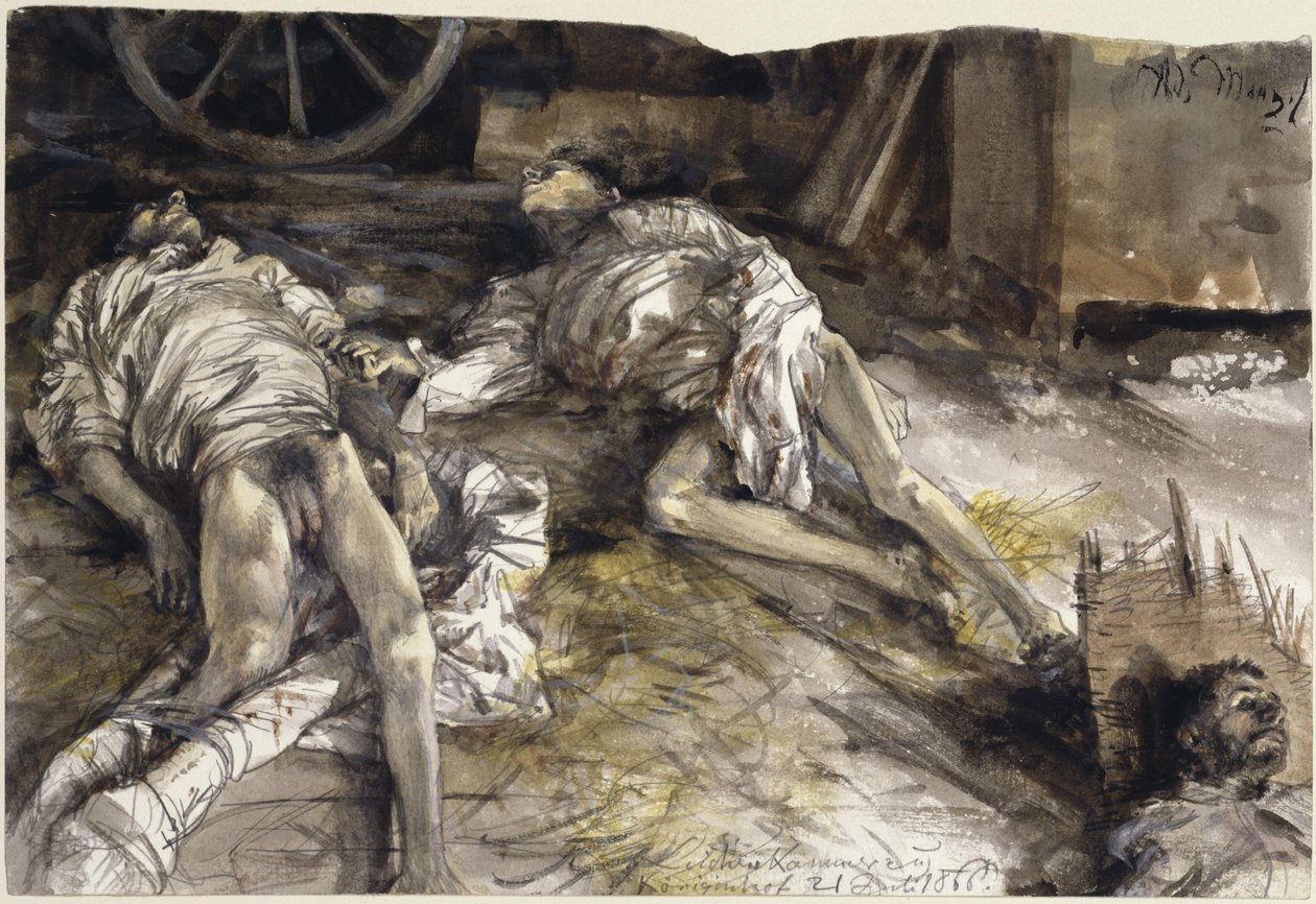 Kolme kaatunutta sotilasta ladossa / ruumiskammio Königinhofissa tekijältä Adolph Menzel