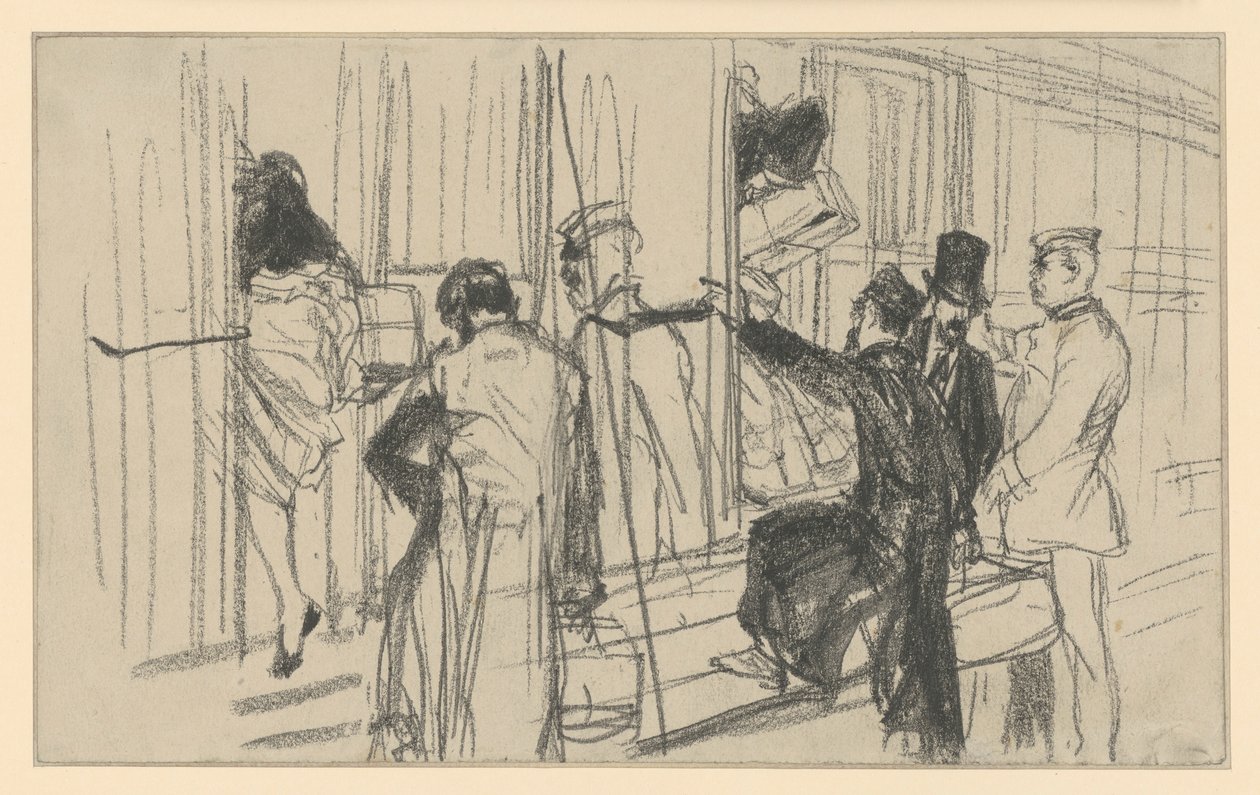 Junaan nousevia matkustajia ja konduktööri. Näkymä asemalaiturilta tekijältä Adolph Menzel