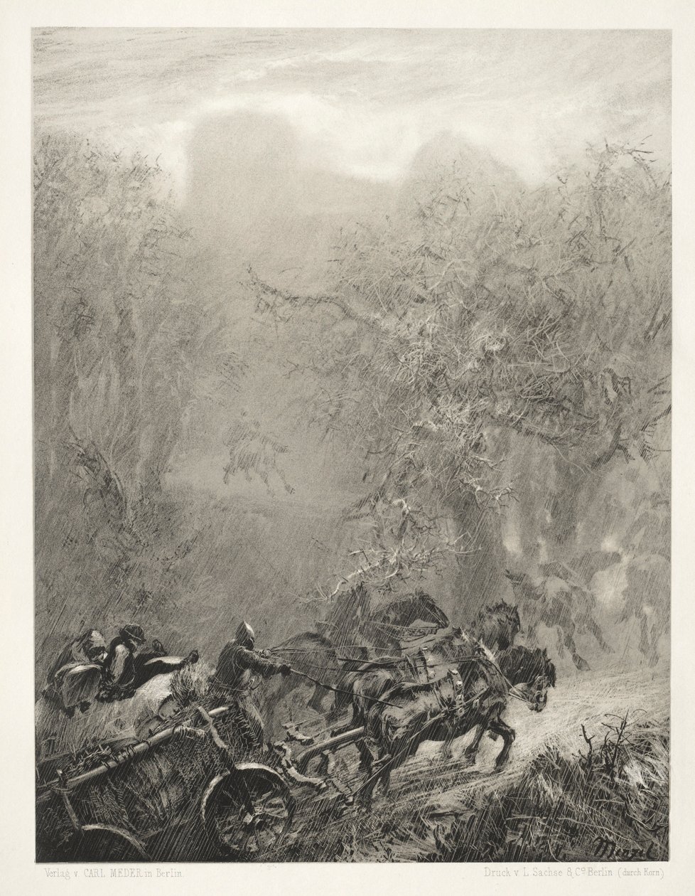 Essee kivestä harjalla ja kaavinella: Vankien saattue metsän läpi, 1851. tekijältä Adolph Menzel