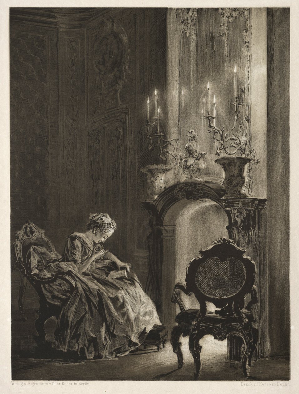 Essee kivestä harjalla ja kaavin: Nainen lukemassa takkarajaa, 1851. tekijältä Adolph Menzel