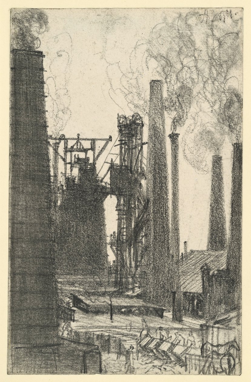 Tehdasaukio savuavine savupiippuineen (Königshütte?) tekijältä Adolph Menzel