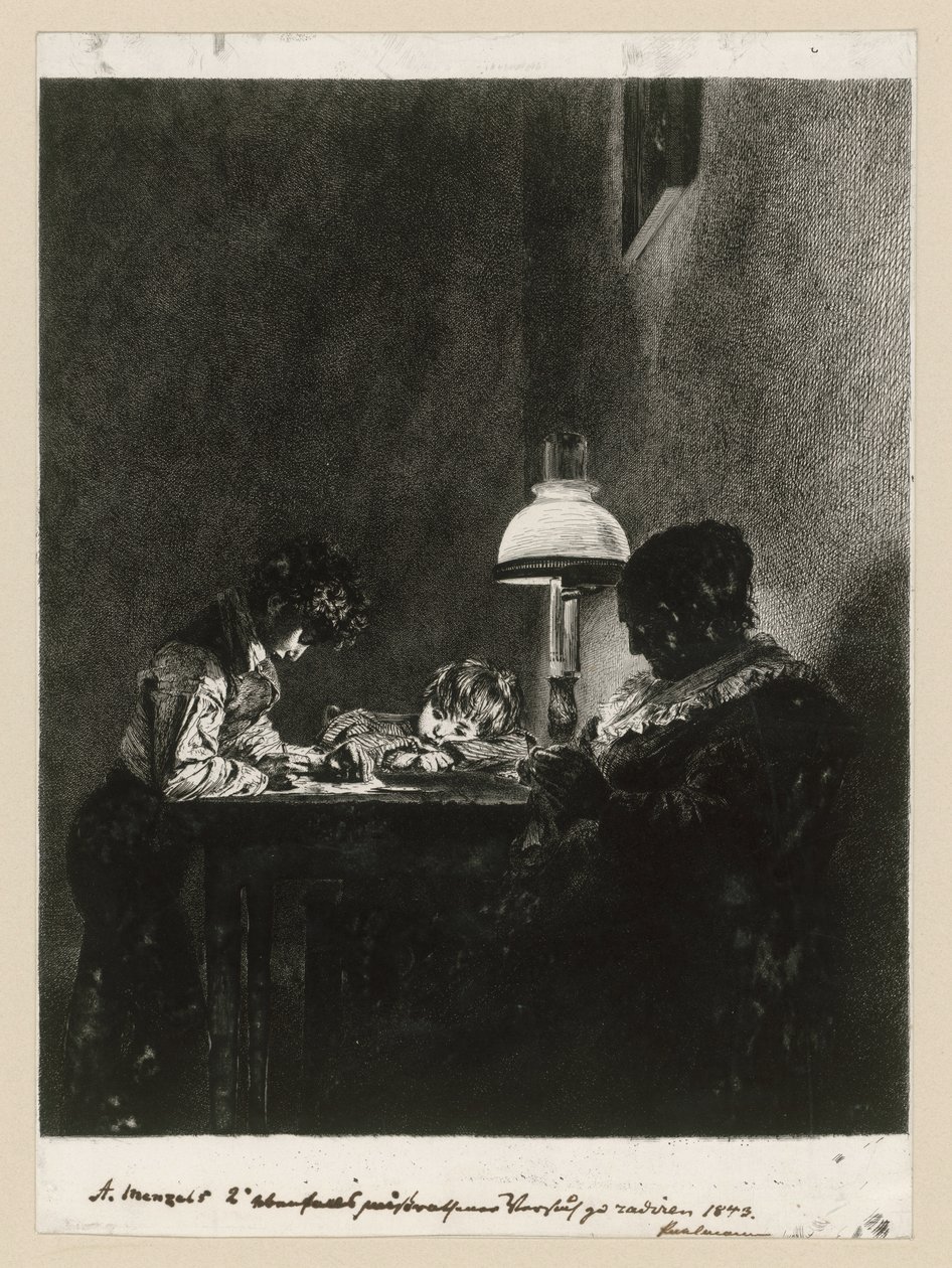 Perhe lampun äärellä tekijältä Adolph Menzel