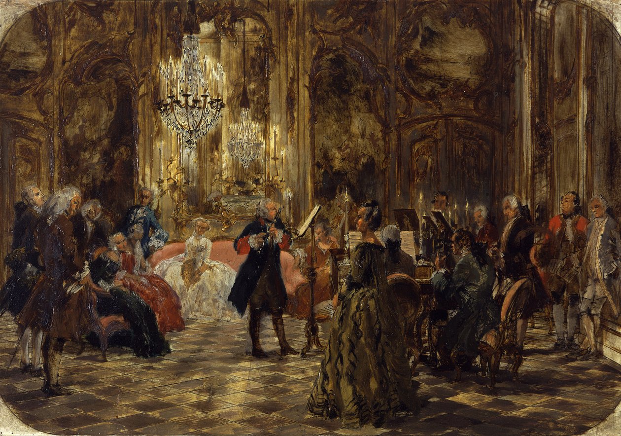 Fredrik Suuren huilukonsertti Sanssoucin linnassa. Luonnos tekijältä Adolph Menzel