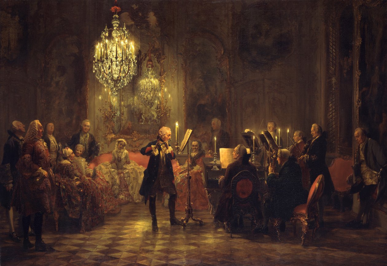 Kuningas Fredrik II:n huilukonsertti Sanssoucissa tekijältä Adolph Menzel