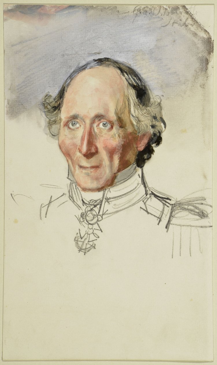 Friedrich August Stüler. Luonnos maalauksesta ”Wilhelm I:n kruunajaiset Königsbergissä” tekijältä Adolph Menzel
