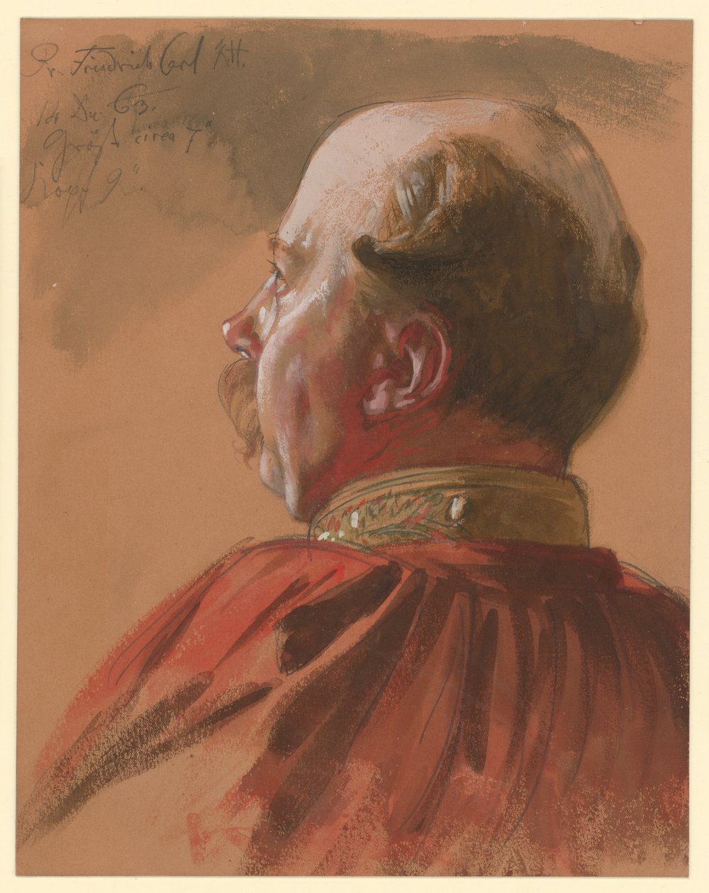 Preussin prinssi Friedrich Karl, osittain rajattu profiili vasemmalle, muotokuvatutkielma teokseen "Vilhelm I:n kruunajaiset Königsbergissä" tekijältä Adolph Menzel