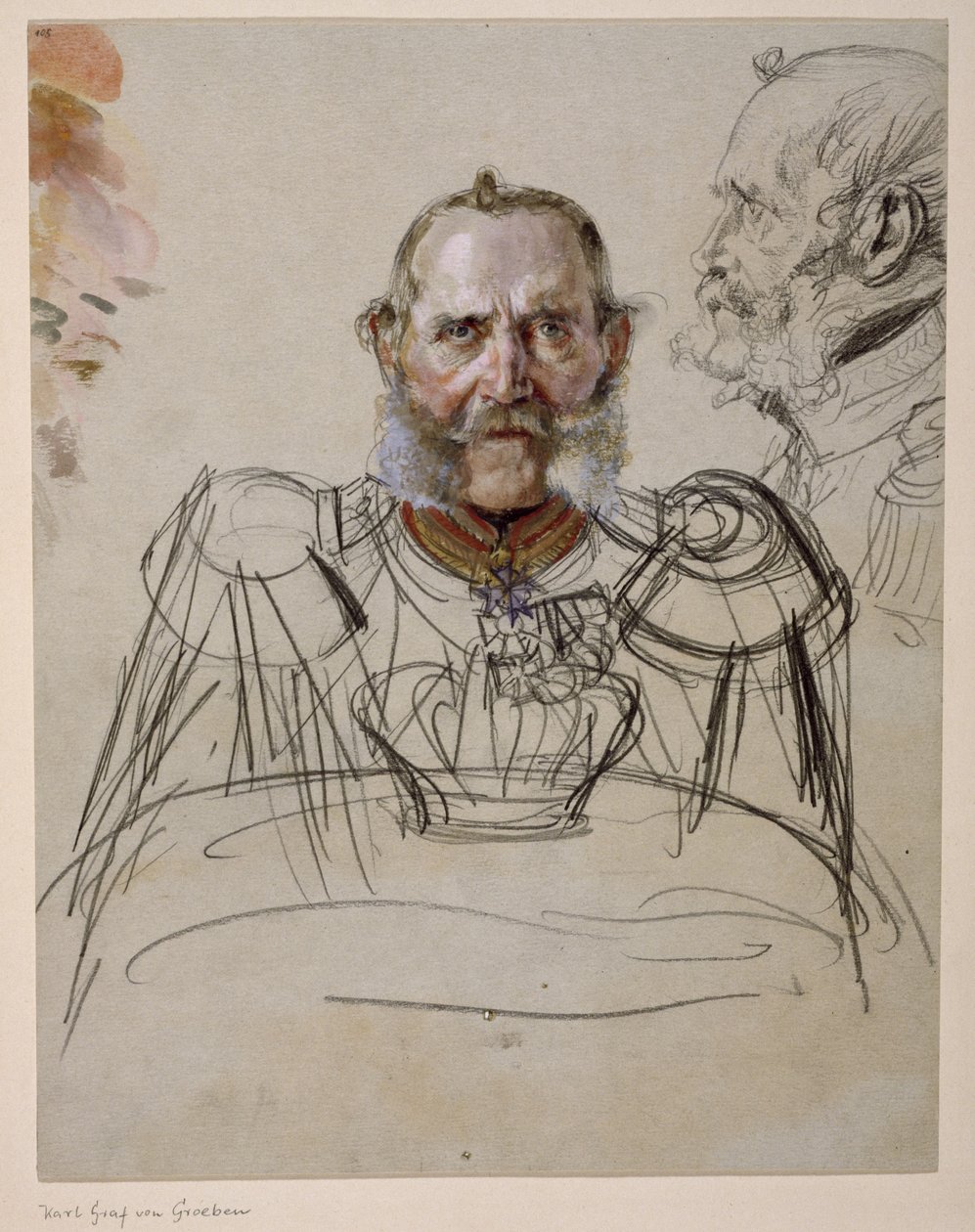 Kenraali, kreivi Karl von der Groeben. Tutkielma maalaukseen "Vilhelm I:n kruunajaiset Königsbergissä" tekijältä Adolph Menzel