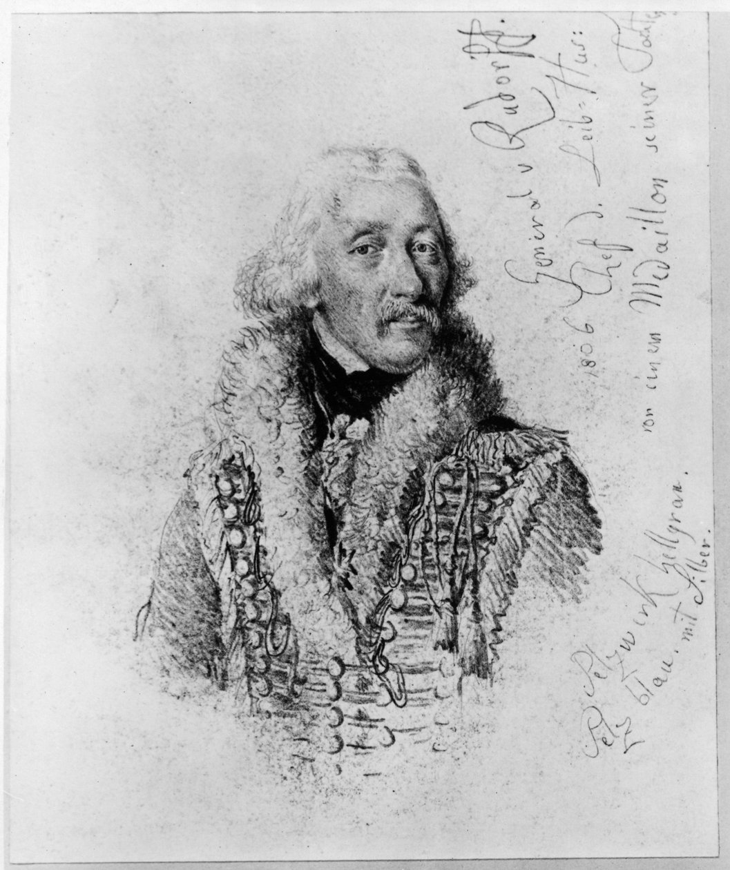 Kenraali von Rudorff, henkivartiokaartin husaarien päällikkö, muistiinpanoineen tekijältä Adolph Menzel