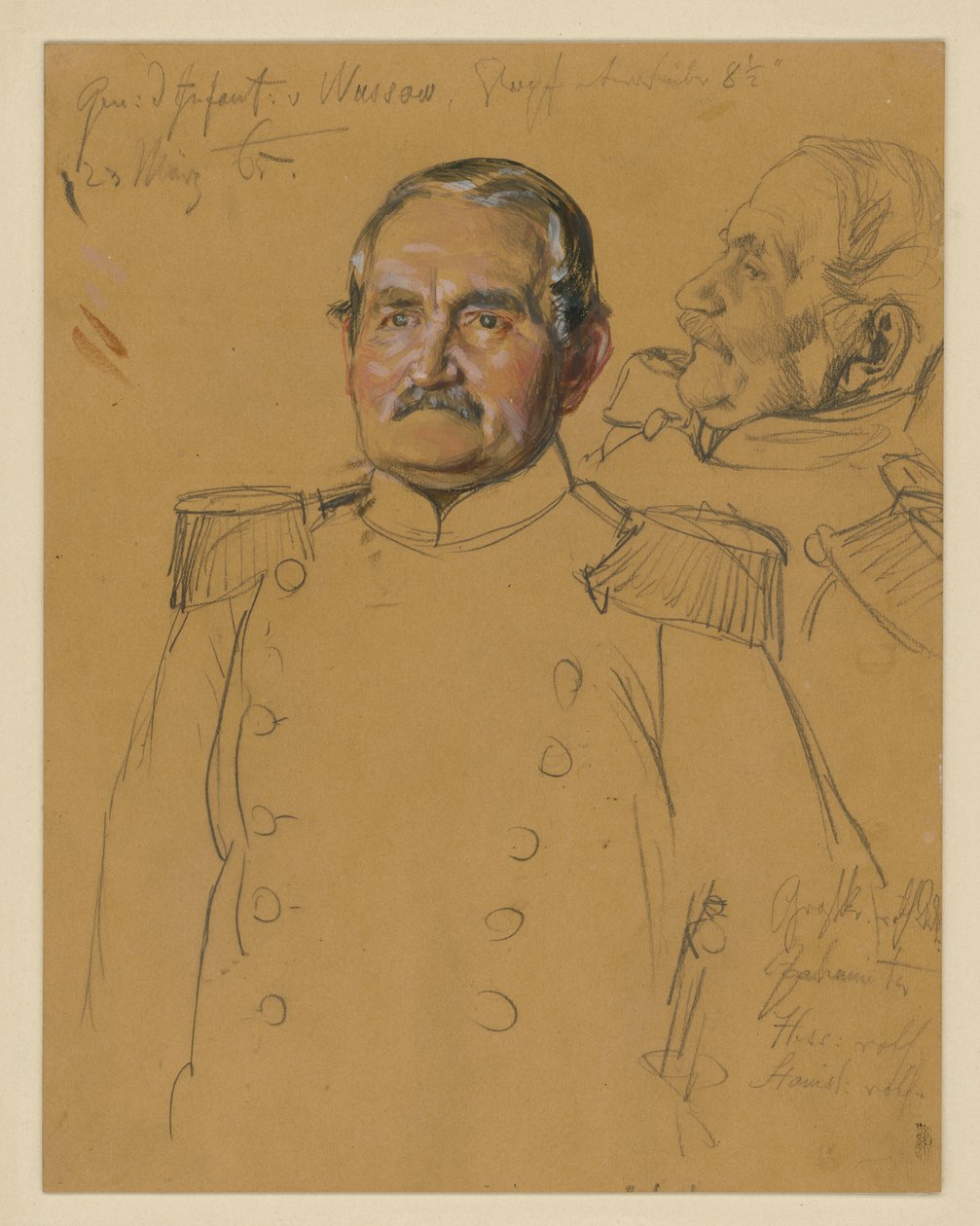 Kenraali von Wussow, muotokuvaluonnos teokseen ”Wilhelm I:n kruunajaiset Königsbergissä” tekijältä Adolph Menzel