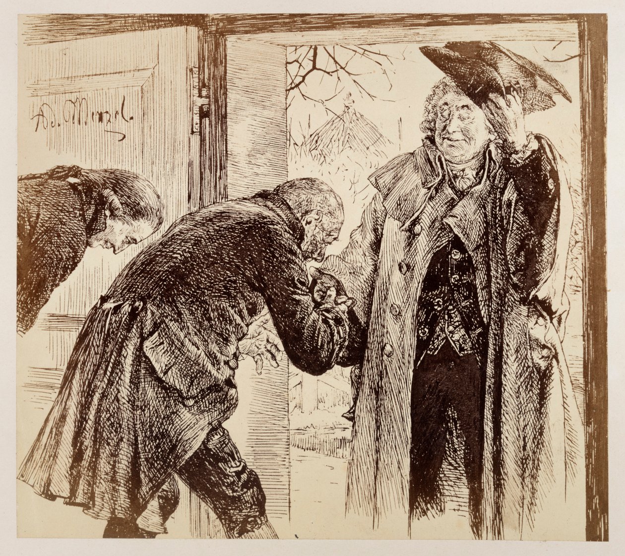 Tuomari Walter astuu ovesta sisään oikealta, nostaen ystävällisesti hattuaan, ja Adam ja Licht tervehtivät häntä kunnioittavasti. Heinrich von Kleistin teoksesta ”Rikkoutunut kannu” tekijältä Adolph Menzel