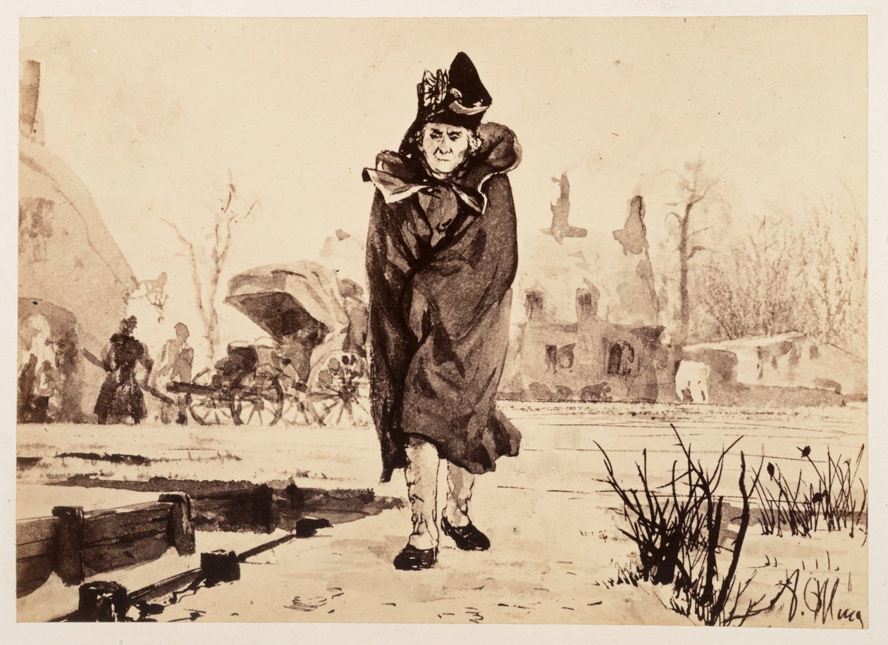Oikeusneuvos Walther tulee viittaansa kääriytyneenä etualalle. Takana hänen valjaista riisuttu matkavaununsa, Heinrich von Kleistin teokseen "Särkynyt ruukku" tekijältä Adolph Menzel