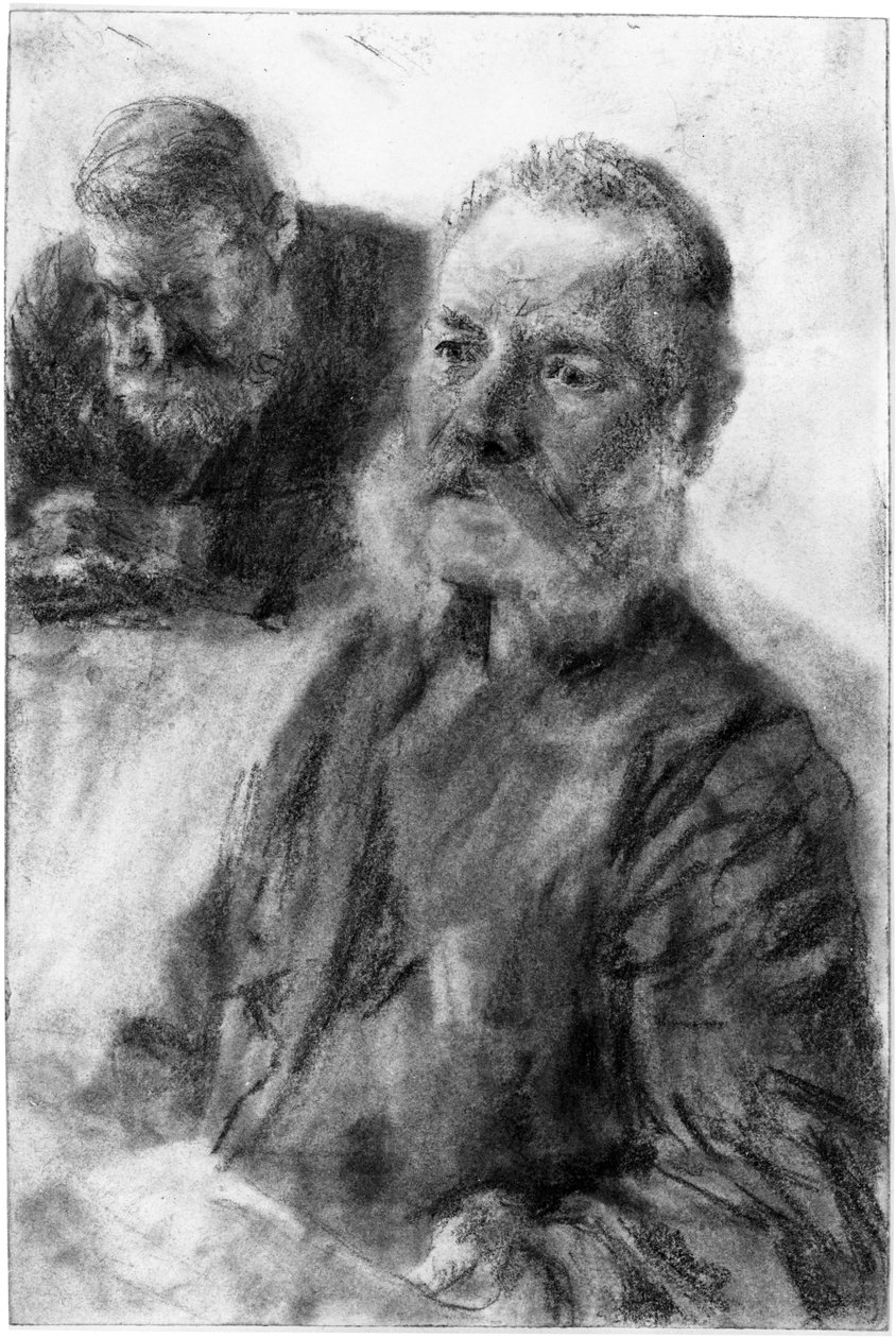 Puolivartalokuva parrakkaasta miehestä, taustalla toinen rintakuva parrakkaasta miehestä katse alaspäin luotuna tekijältä Adolph Menzel