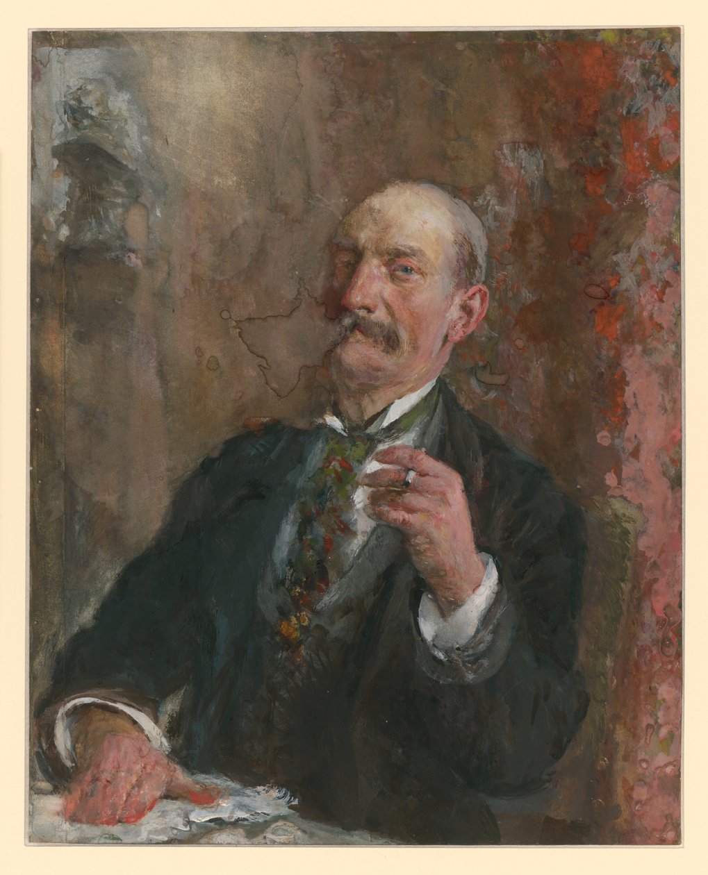 Puolivartalokuva istuvasta miehestä, joka on asettanut oikean kätensä eteensä pöytälevylle ja pitelee vasemmassa kädessään savuketta tekijältä Adolph Menzel