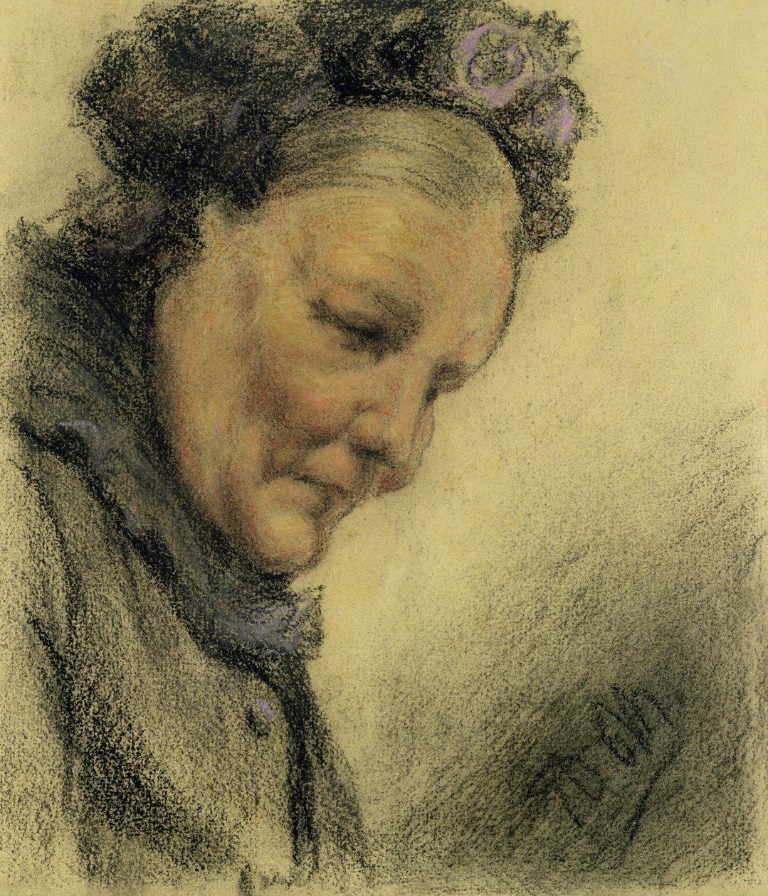 Vanhan naisen pää (paperiliitu ja pastelli) tekijältä Adolph Menzel
