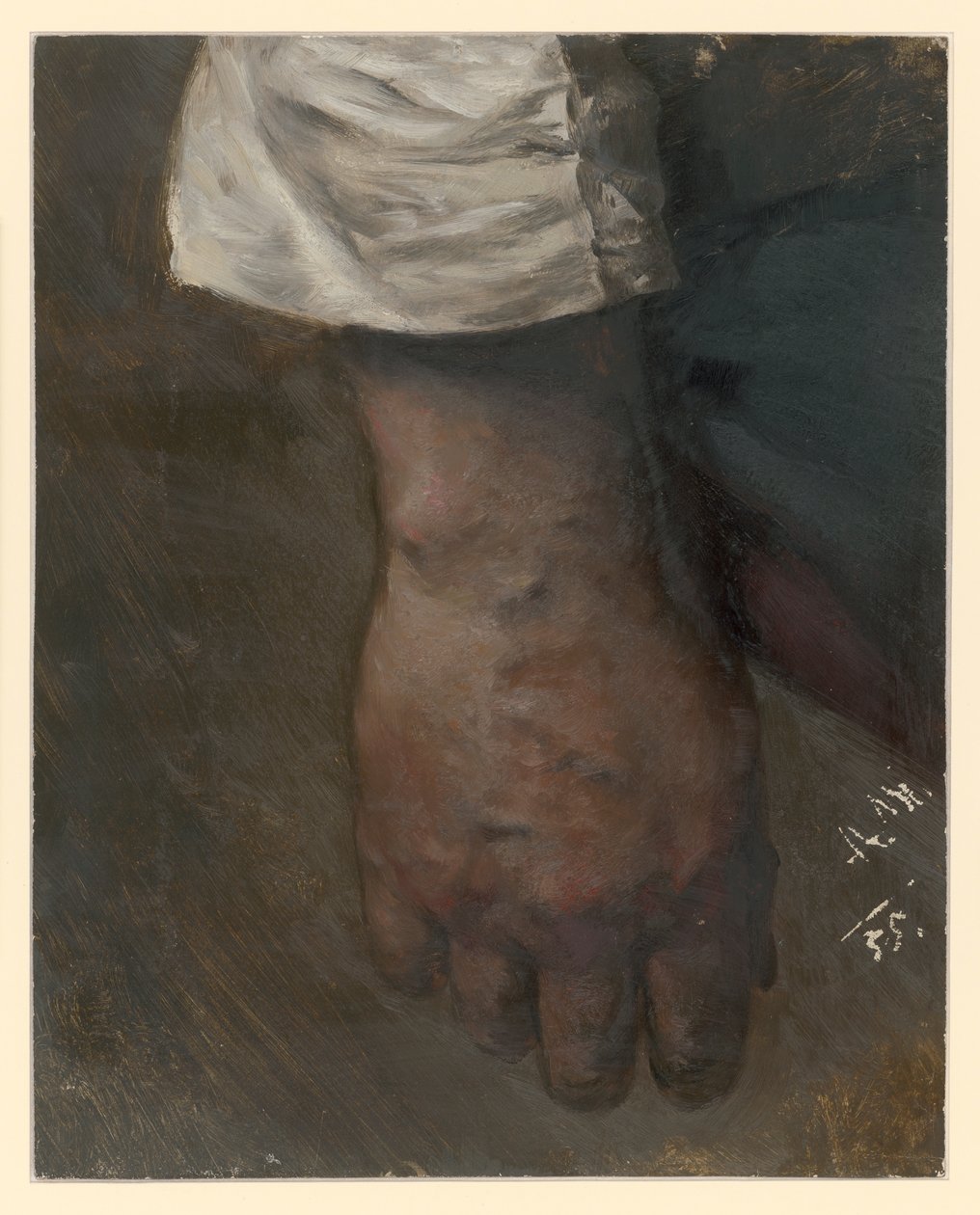 Oikea käsi roikkuu alas, hihan liitoskohta on leveä tekijältä Adolph Menzel