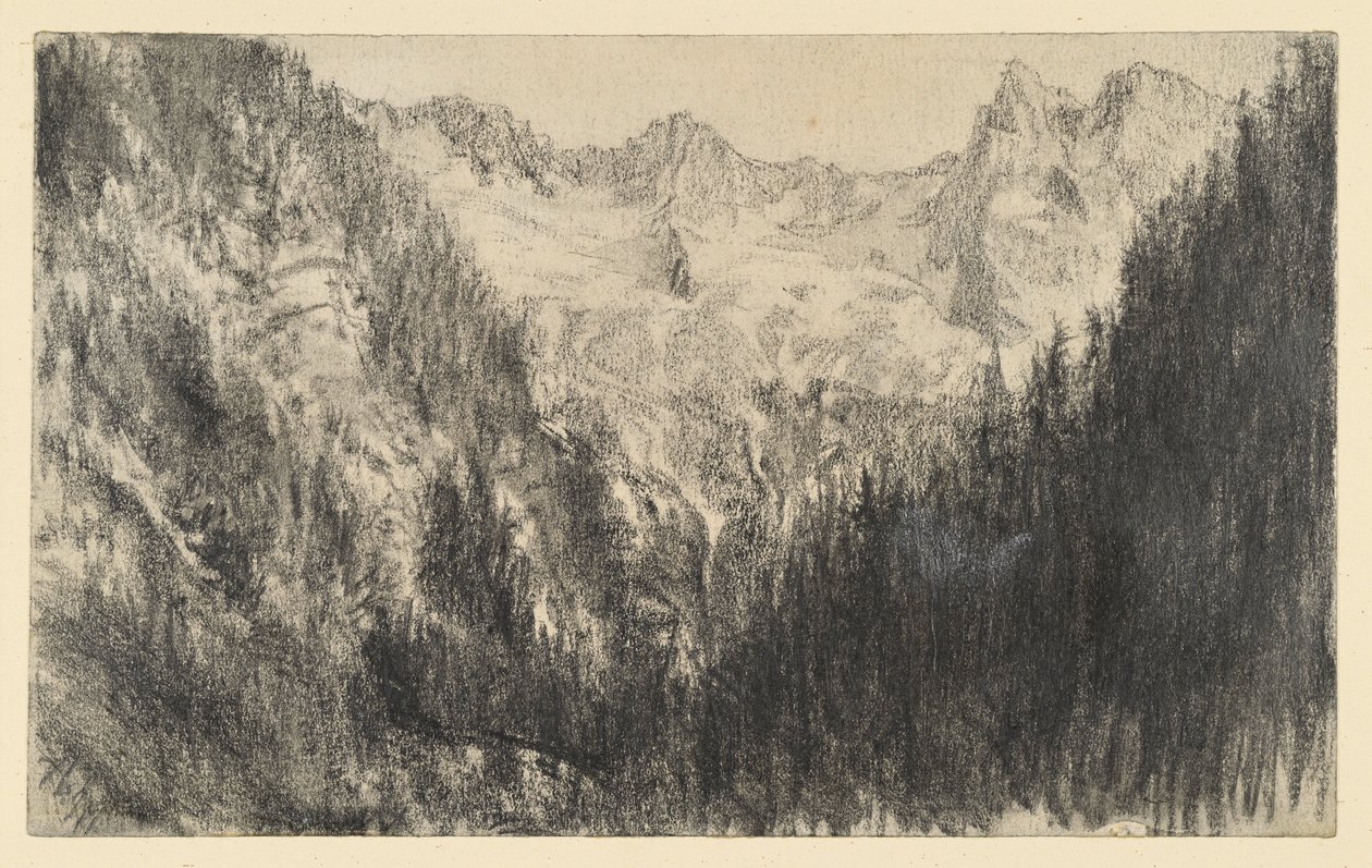 Korkea vuoristo ja etualalla kuusimetsä tekijältä Adolph Menzel