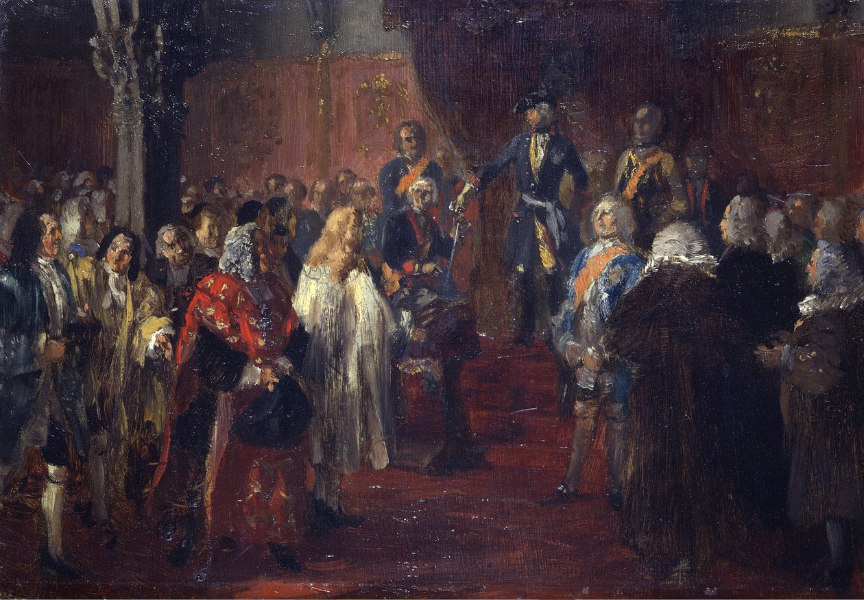 Sleesian säätyjen kunnianosoitus Fredrik II:lle Breslaussa 1741. Luonnos tekijältä Adolph Menzel