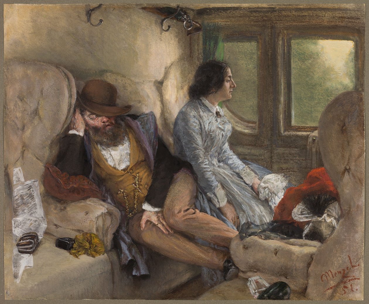 Rautatievaunussa (Yön matkan jälkeen) tekijältä Adolph Menzel