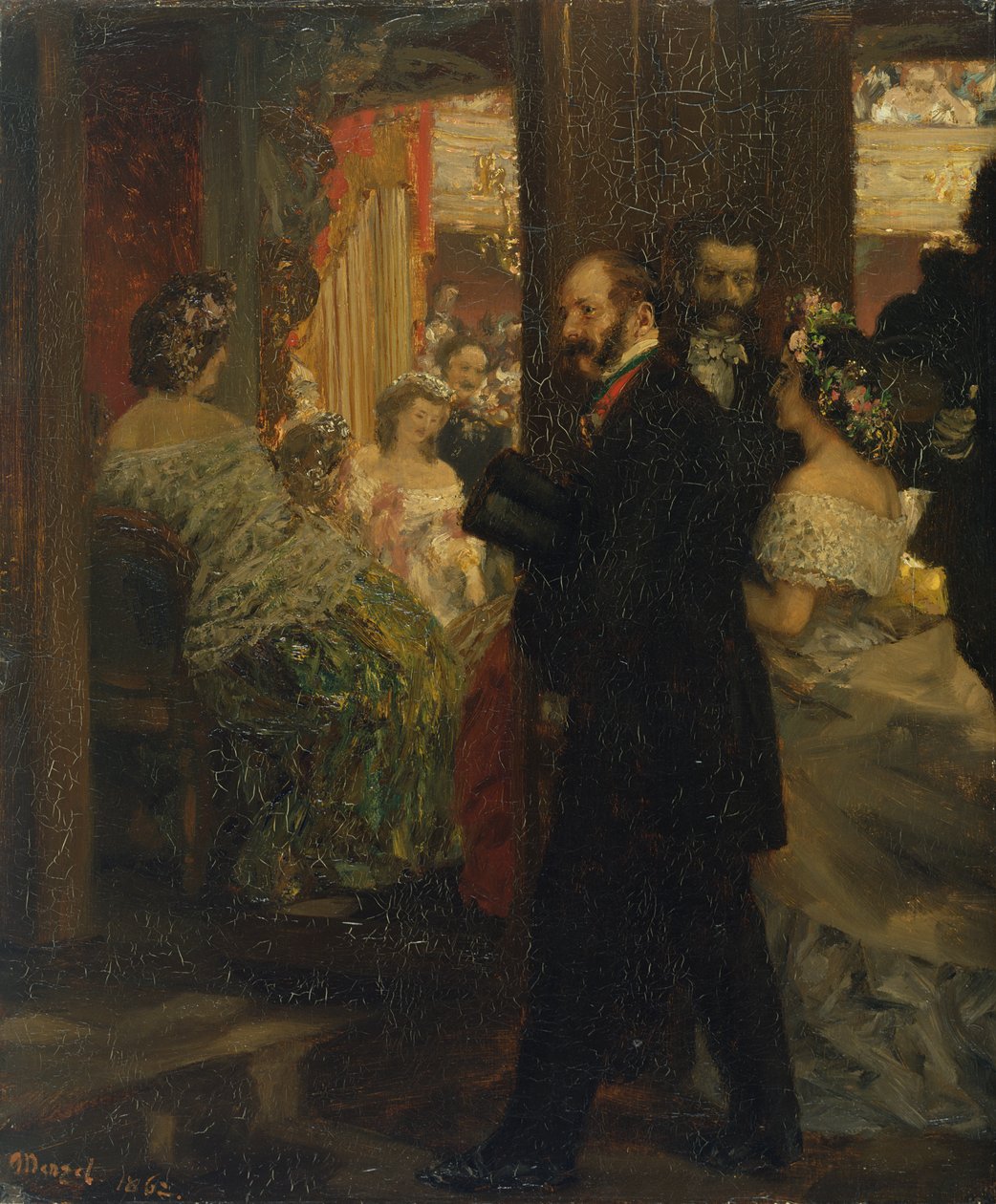 Oopperatalossa, 1862 (öljy paperille kiinnitetty korttiin) tekijältä Adolph Menzel